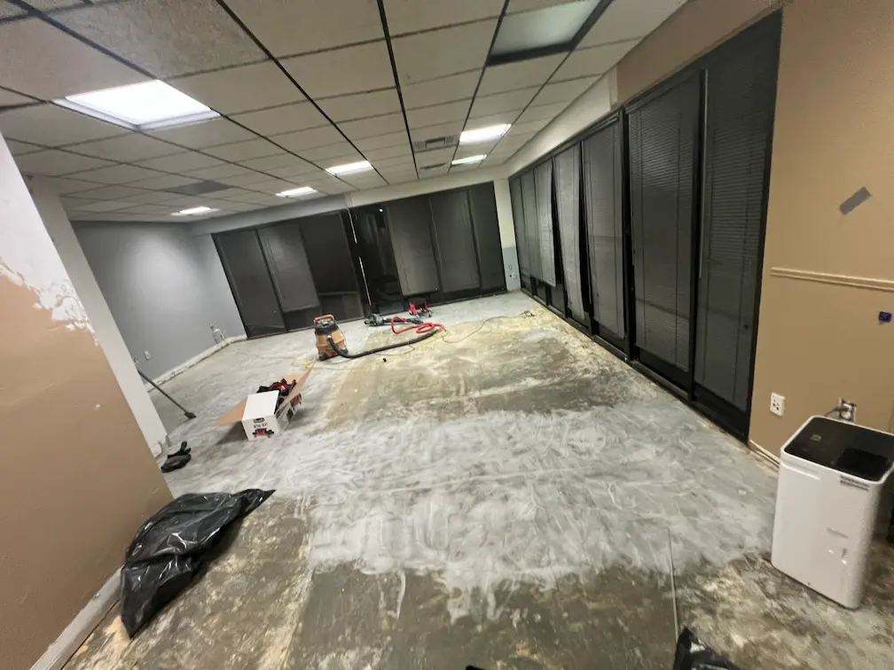 An empty office room, with bare concrete partially covered in old adhesive. A shop vac and assorted tools spread around the floor.